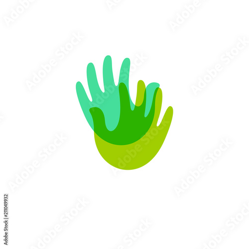 Two palms. Handmade symbol. Green transparent handbreadth logo. Hand picking icon. Care symbol.