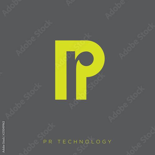 PR technology logo. Public relations emblem. Flat style monogram. P and R combined letters. Monochrome option.