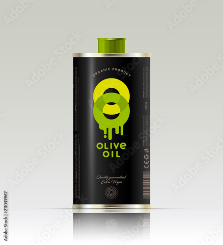 Logo of olive oil. Transparent double letters O with dripping oil. Packaging, metal can with lid. Example packaging design and labels.
