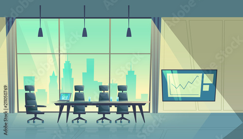 Vector cartoon illustration of modern conference hall, room for meetings and business trainings, interior with furniture. Boardroom with table, chairs, projector on wall, big window with city view