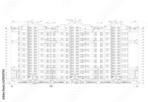 Detailed architectural facade plan of multistory building Vector blueprint. Architectural background.