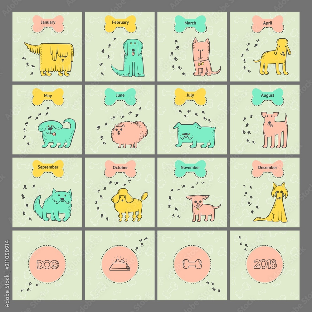 Vector set different dogs breeds. Design calendar for year of cartoon pets and seamless pattern with bones. Funny caricature animals characters. Contour sketch illustration. Vector set different dogs breeds. Design calendar for year of cartoon pets and seamless pattern with bones. Funny caricature animals characters. Contour sketch illustration.