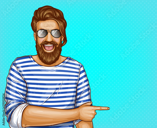 Vector pop art brown haired man with beard in striped shirt and glasses. Cheerful guy points with finger at summer sales, discounts. Character isolated on blue background. Sale, ad poster, banner.