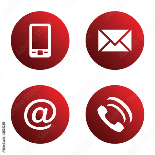Vector icon set: red spherical communication icons - mobile phone, envelope, e-mail address, phone	