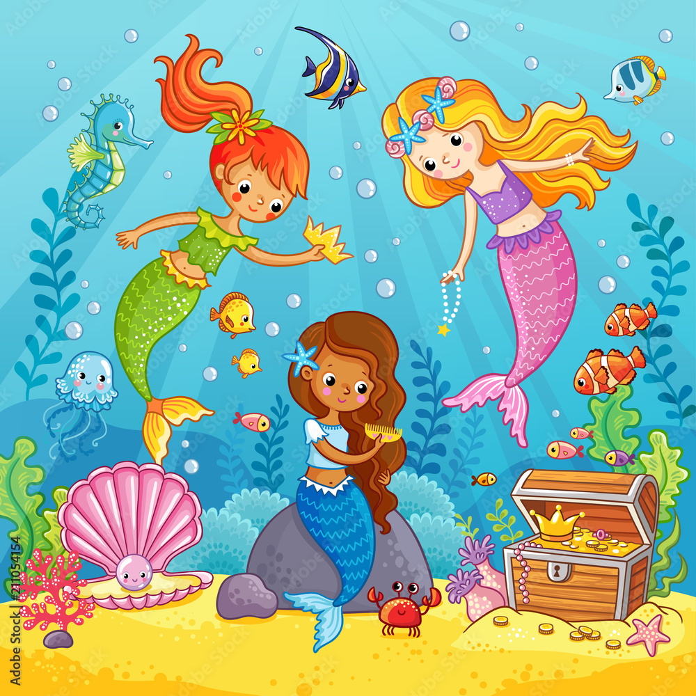 Mermaids play under the water. Vector illustration on a sea theme