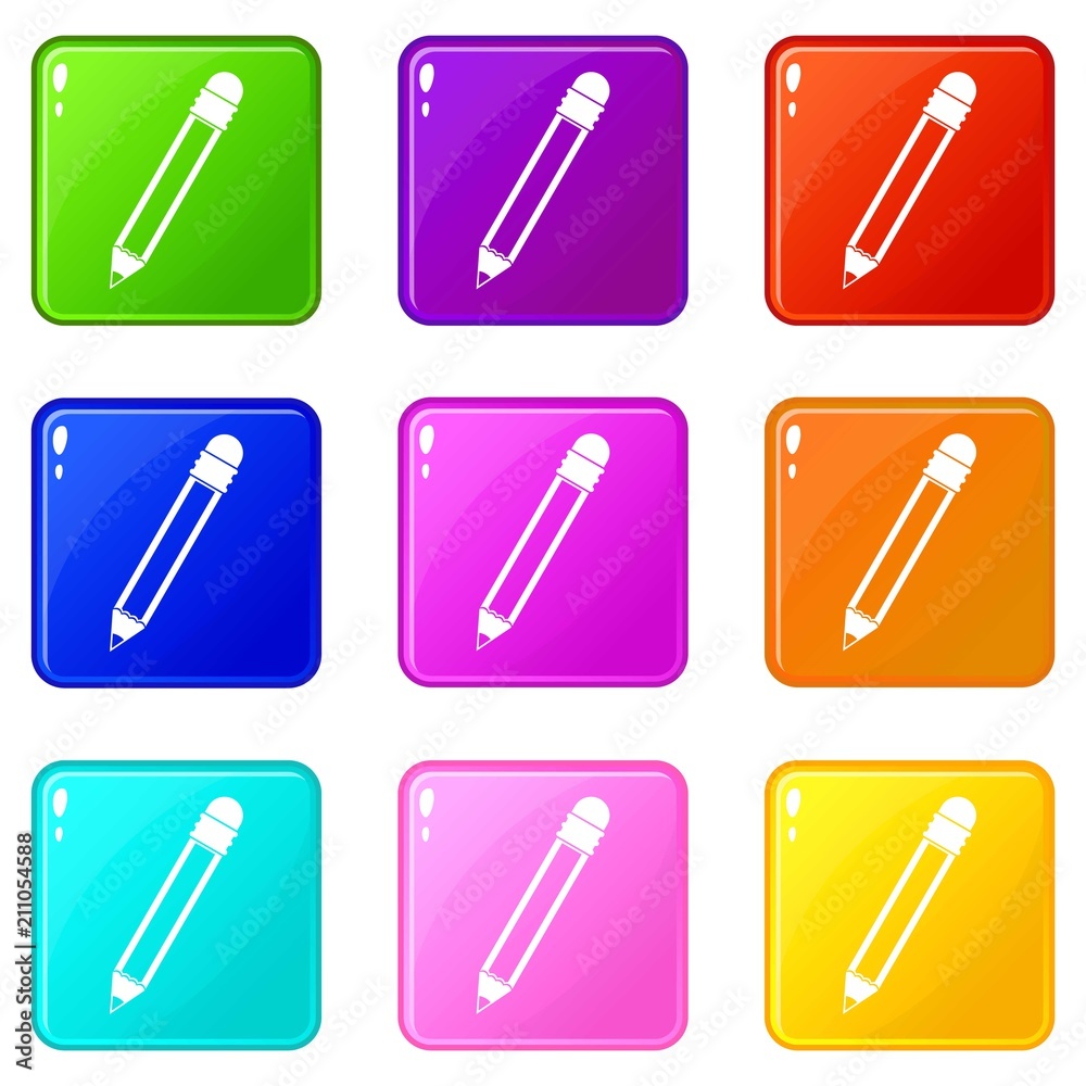 Pencil with eraser icons of 9 color set isolated vector illustration Pencil with eraser icons of 9 color set isolated vector illustration