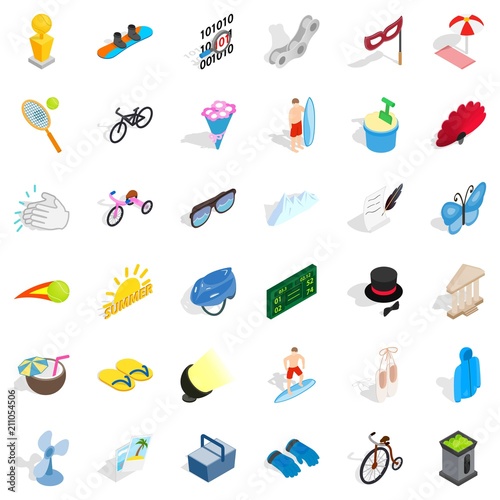 Summer game icons set. Isometric style of 36 summer game vector icons for web isolated on white background