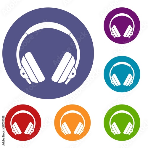 Headphone icons set in flat circle red, blue and green color for web