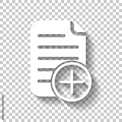 add document icon, paper and plus in circle. White icon with sha