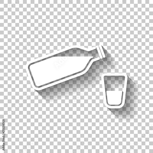 bottle of water and glass cup. simple icon. White icon with shad