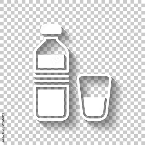 bottle of water and glass cup. simple icon. White icon with shad