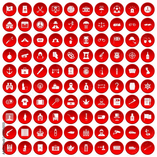 100 offence icons set in red circle isolated on white vector illustration