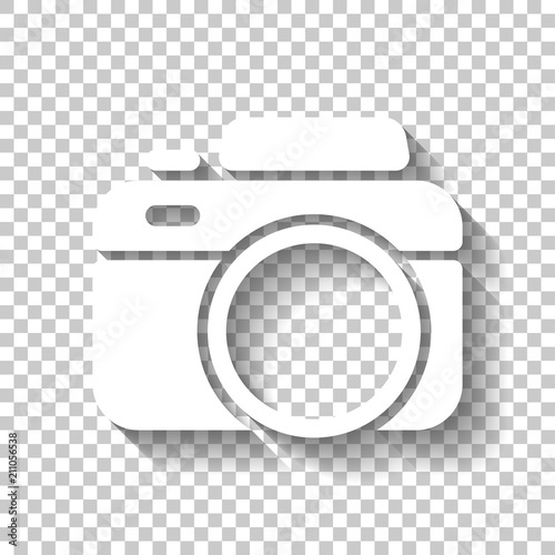 Photo camera, simple icon. White icon with shadow on transparent