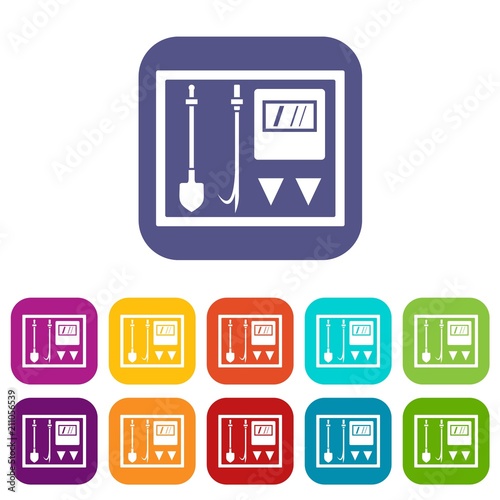 Fire shield icons set vector illustration in flat style in colors red, blue, green, and other