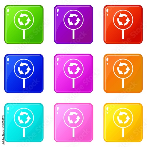 Circular motion road sign icons of 9 color set isolated vector illustration
