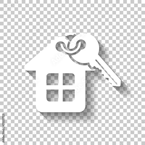 House with key. White icon with shadow on transparent background