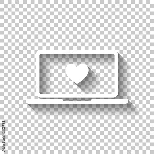 Laptop or notebook computer with heart on screen. Simple icon. W