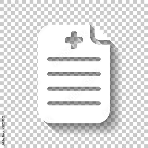 Medical history or report. Paper and medical cross. White icon w