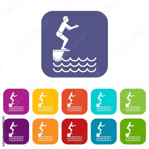 Man standing on springboard icons set vector illustration in flat style in colors red, blue, green, and other