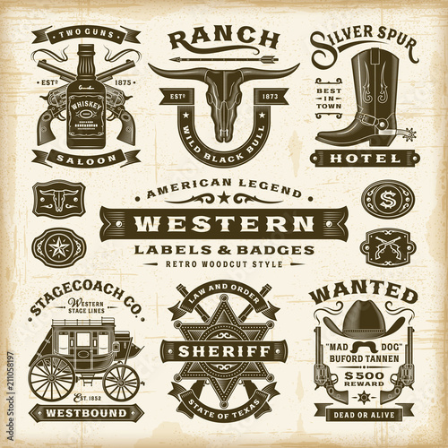 Vintage Western Labels And Badges Set. Editable EPS10 vector illustration in retro woodcut style with transparency.
