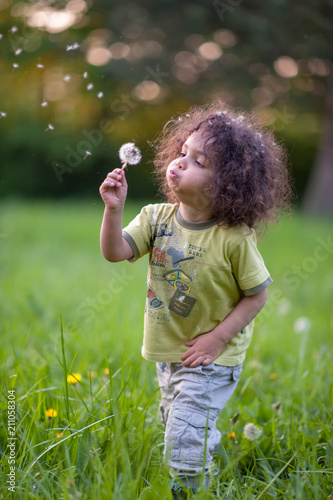 Curley hair kid playing with dandelion