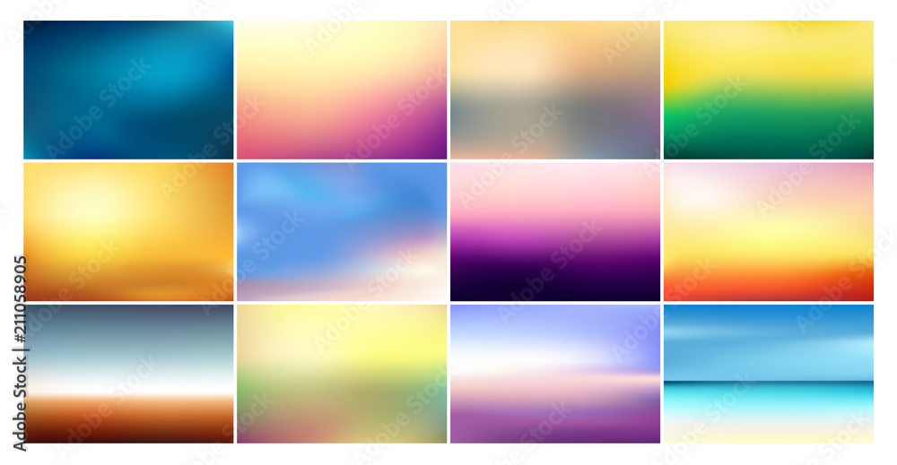Vector illustration set of blurred backgrounds in pastel colors. Imitation of out of focus colorful bright sunrise and sunset.