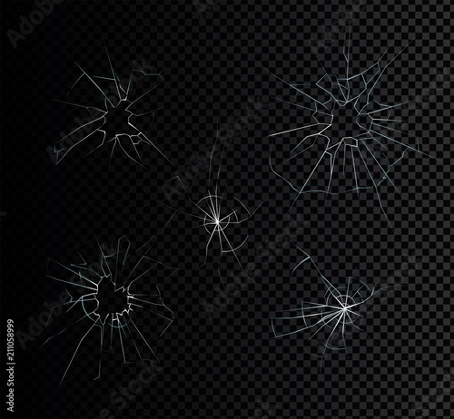 Vector illustration set of broken glass effects set with cracks and holes on dark transparent background, broken smartphone gadgets screen concept.