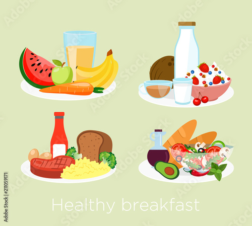 Vector illustration set of different breakfast, food icons. Milk, orange juice, fruits, meat, coffee, bread and salad, oatmeal, yogurt in cartoon flat style, healthy food concept.