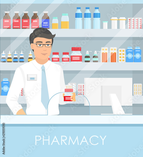 Vector illustration of pharmacist in pharmacy with shelves with medicines and points to box with drug. Medicine concept, health care background. Drugstore in cartoon flat style.