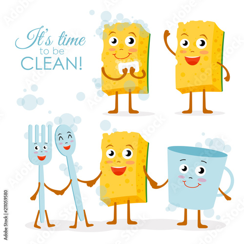 Vector illustration set of smiling dish washing sponge character with spoon and fork, cup wash together isolated on white background in cartoon flat style.