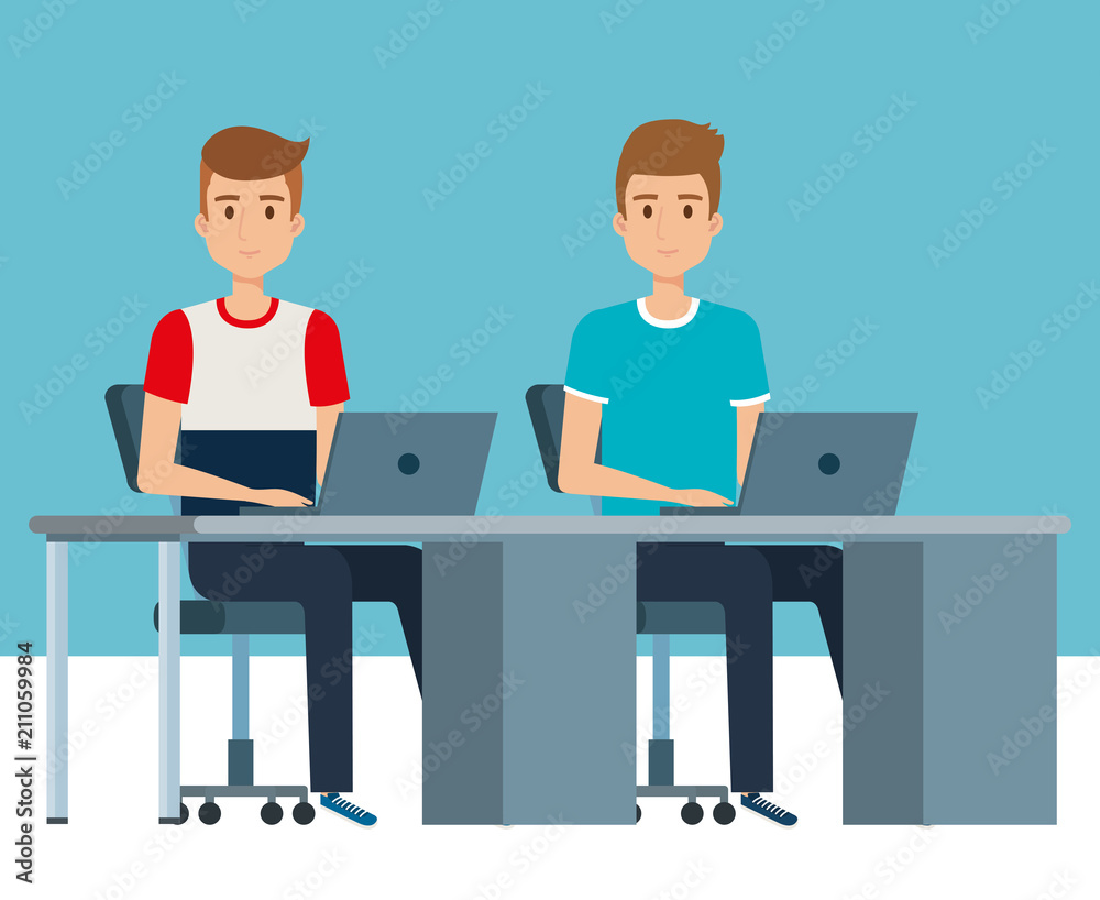 young boys in the workplace avatars characters vector illustration design