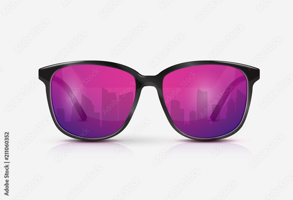 Reflection of the city in the glasses. Vector realistic modern eyeglasses with ultraviolet gradient lens. Summer vacation holiday beach pool party. Reflection of the city in the glasses. Vector realistic modern eyeglasses with ultraviolet gradient lens. Summer vacation holiday beach pool party.