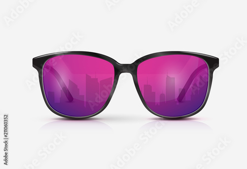 Reflection of the city in the glasses. Vector realistic modern eyeglasses with ultraviolet gradient lens. Summer vacation holiday beach pool party. 