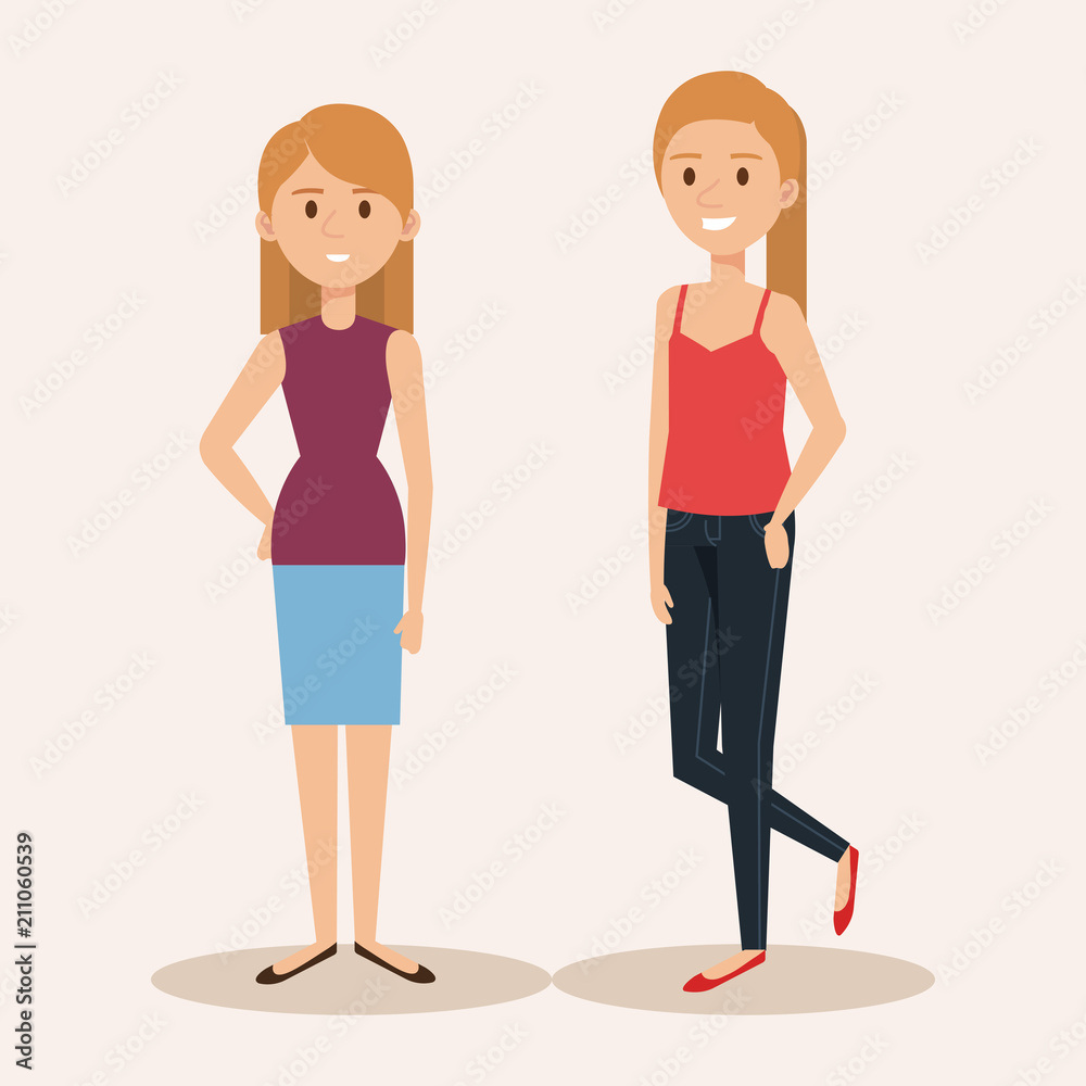 young girls avatars characters vector illustration design