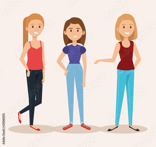young girls avatars characters vector illustration design