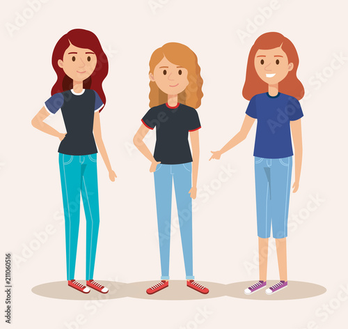 young girls avatars characters vector illustration design