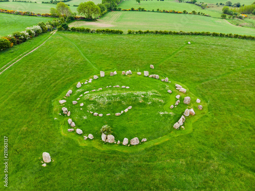 Ballynoe stone circle, a prehistoric burial mound surrounded by a circular structure of standing stones, County Down, Nothern Ireland