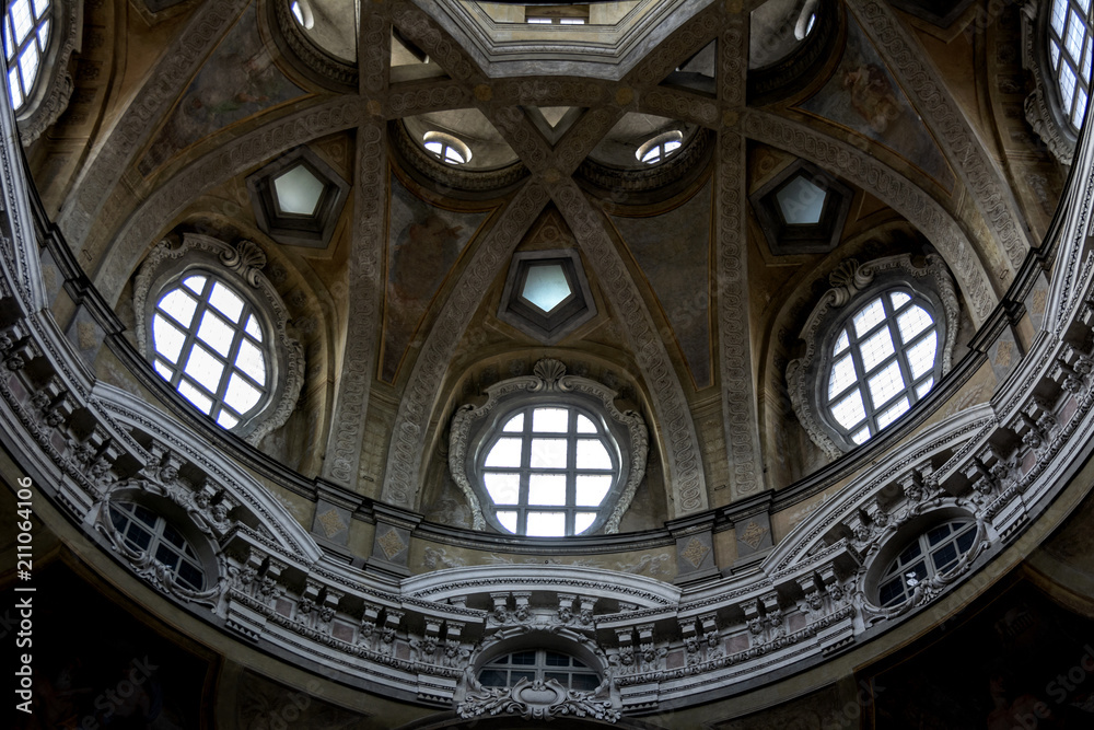 Turin, Piedmont, Italy - Detail of dome interior of Saint Lawrence's church - Royal church