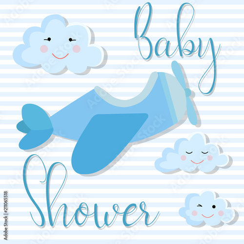 Vector image of an invitation card for a children's party. Baby shower illustration for boy on blue striped background with airplane, clouds and inscription.