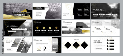 Gold black presentation templates elements on a white background.
