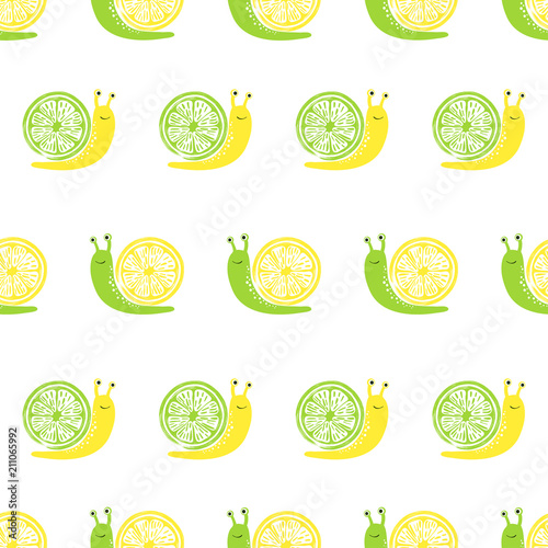 Seamless pattern with cute lemon and lime snails. Vector summer citrus background.