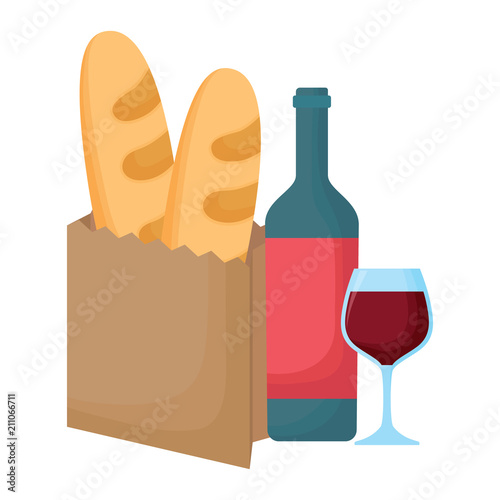 wine bottle and baguette breads over white background, vector illustration