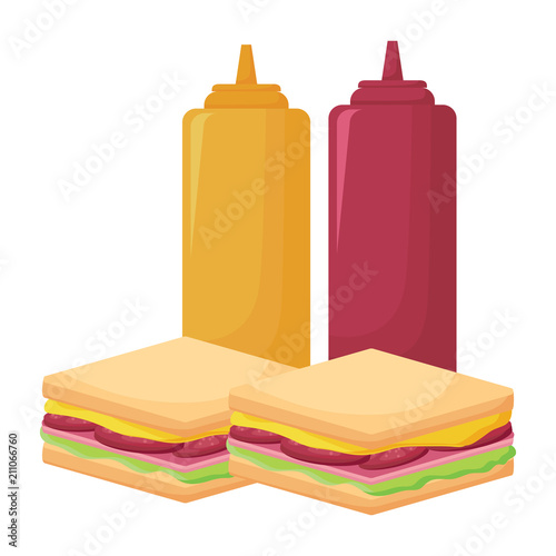 sandwichs and sauce bottles over white background, vector illustration