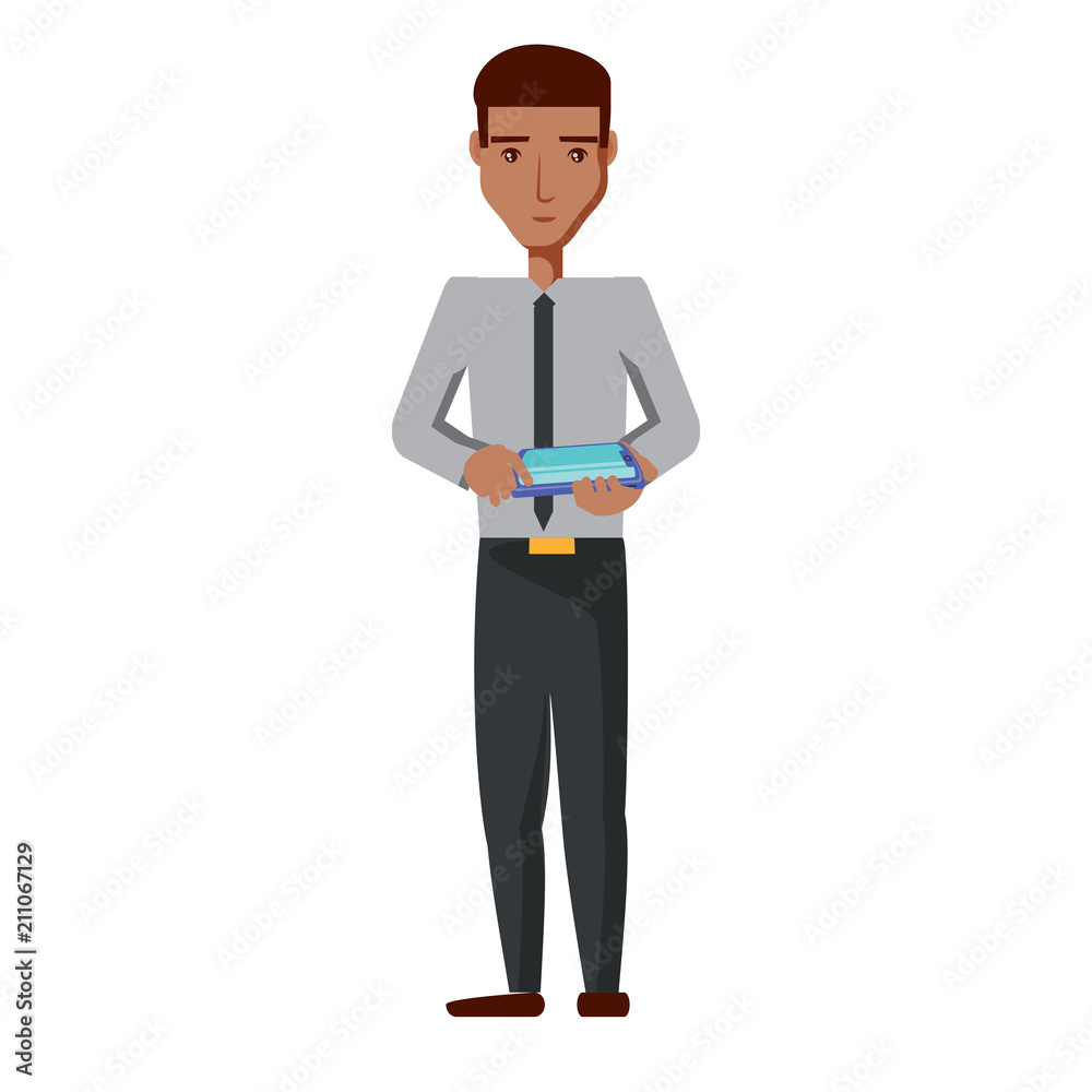 cartoon businessman using a cellphone over white background, colorful design. vector illustration