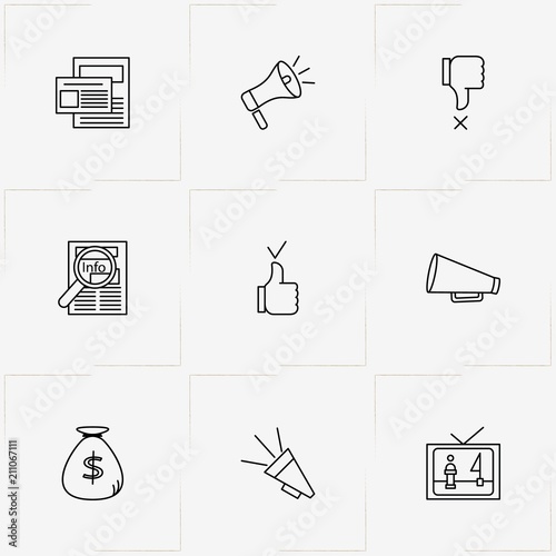 Politic line icon set with loudspeaker, politic news and money bag