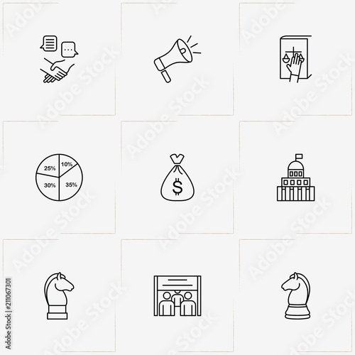 Politic line icon set with loudspeaker, jury  and partnership