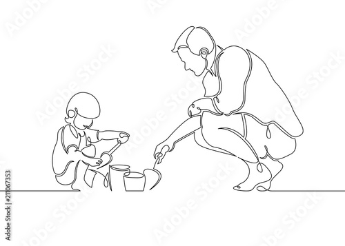 Continuous one single  draw line on the beach father playing with her baby son