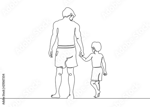 Continuous one single  draw line on the beach father playing with her baby son