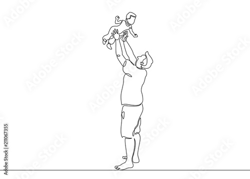 Continuous one single  draw line on the beach father playing with her baby son