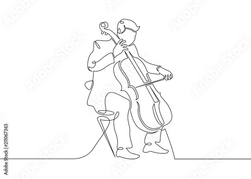 A continuous single drawn single line of a musician is played by a cellist man.